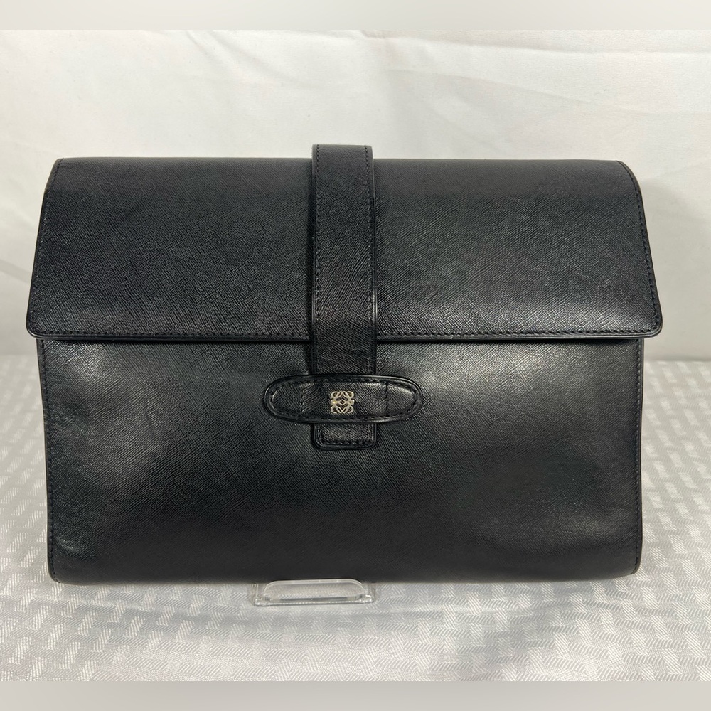7039: Loewe Black Leather Flap Clutch / Envelope Bag